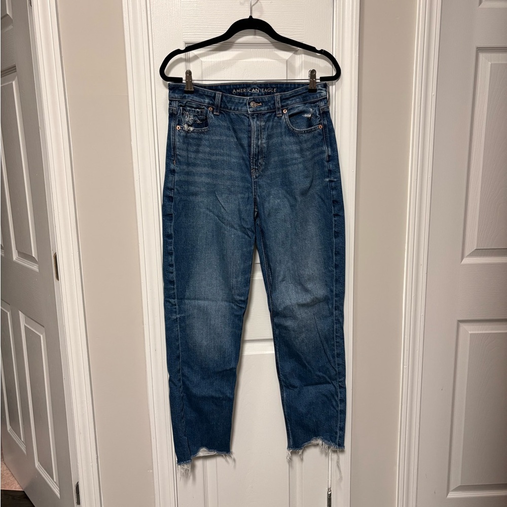 AE Blue distressed hem Mom Jeans